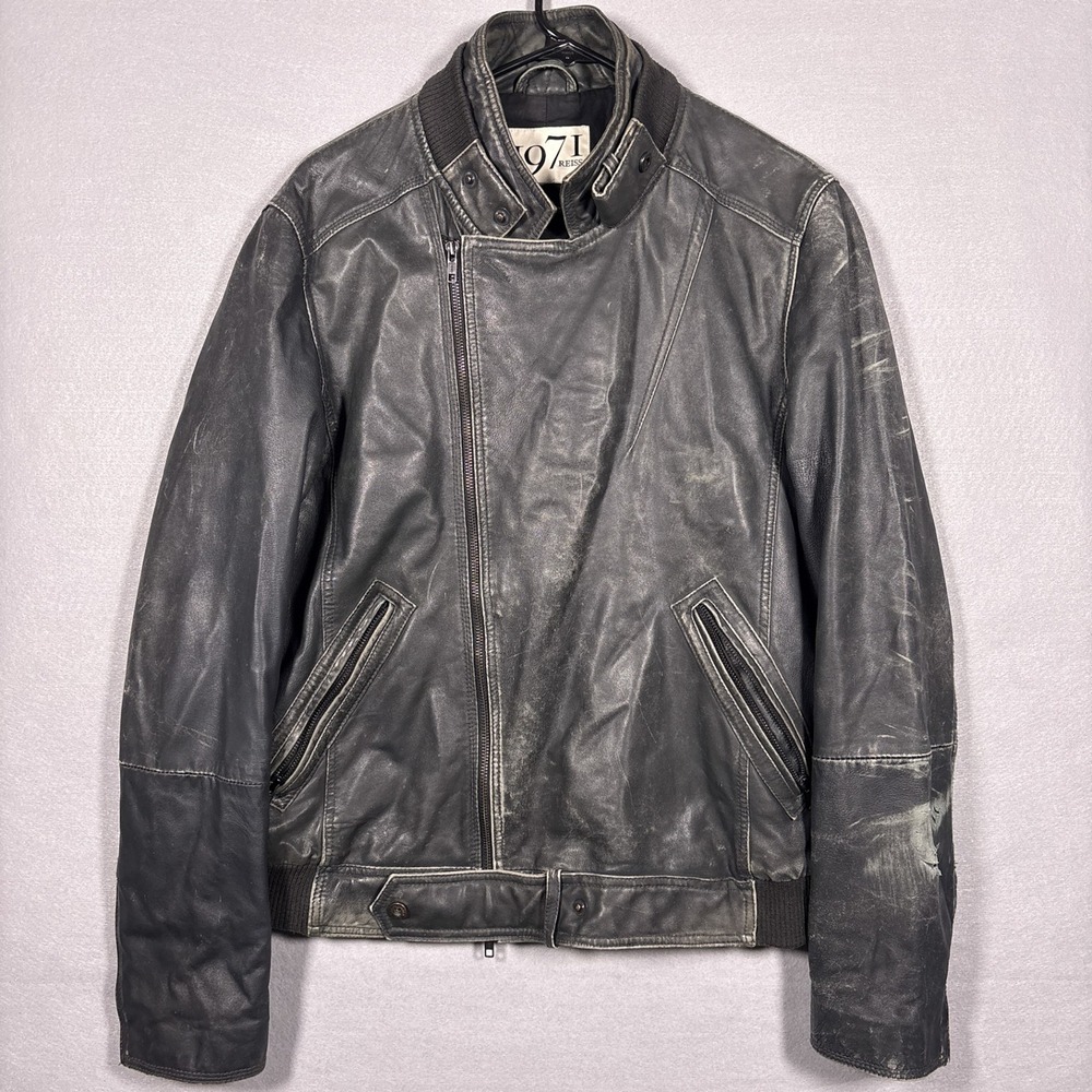 Reiss 1971 Prospect Leather Moto Biker Jacket Mens Large Distressed Black